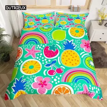 Пододеяльник Rainbow Kawaii Tropical Fruits Комплект постельного белья Ананас Киви Лимон Пончик Апельсин Вишня Клубника Покрывало для одеяла US Queen(228x228cm)