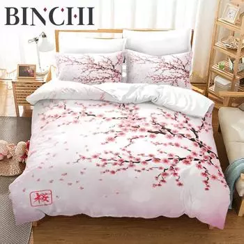 Пододеяльник Розовый Сакура Цветущая Слива Бамбуковый Комплект Постельных Принадлежностей Модный Арт Пододеяльник Японский Токийский Стиль Для Женщин Детская Комната Декор EU single(135x200cm)