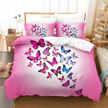 Пододеяльник с 3D-бабочкой и застежкой-молнией, фиолетовый напечатанный чехол для одеяла, комплект постельного белья из 3 предметов из мягкой микрофибры размера Queen 70x133cm 2pcs