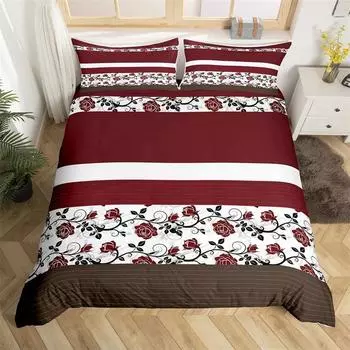 Пододеяльник с 3D-красной розой, винтажный цветочный узор в стиле бохо, современный комплект постельного белья с геометрическим рисунком и квадратными наволочками в абстрактную полоску 135x200cm 2pcs