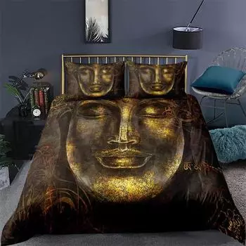 Пододеяльник с 3D-образным рисунком Будды, золотисто-черный комплект постельного белья с цветочным рисунком в виде лотоса, буддийский декор, микрофибра, экзотическое этническое одеяло, покрывало для детей и взрослых EU single(135x200cm)