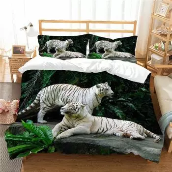 Пододеяльник с 3D принтом «два белых тигра в траве» Комплект постельного белья из стираной микрофибры 2/3 комплекта пододеяльник Комплект постельного белья UK Single 135x200cm