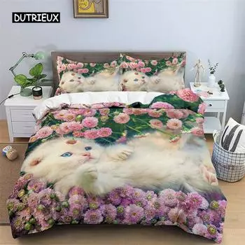 Пододеяльник с 3D-принтом кота, комплект постельного белья с цветочным принтом, для двоих, для детей, девочек, мальчиков, декор комнаты, роскошное одеяло из микрофибры с забавным рисунком в виде животного EU single(135x200cm)