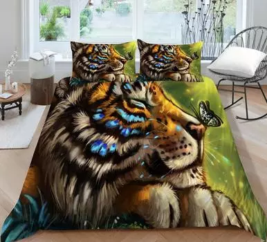 Пододеяльник с 3D принтом тигра и бабочки, комплект постельного белья из микрофибры, 2/3 комплекта, пододеяльник, комплект постельного белья UK Single 135x200cm
