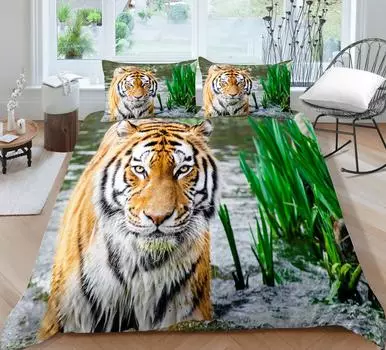 Пододеяльник с 3D-тигром и травой Комплект постельного белья из 3 предметов Комплект постельного белья с 3D-пухом Постельное белье из микрофибры 3 комплекта с принтом Комплект постельного белья UK Single 135x200cm