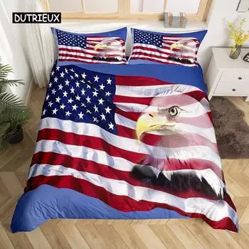 Пододеяльник с американским флагом из микрофибры Bald Eagle Patriot Комплект постельного белья с флагом США Independence Четвертое июля Пододеяльник 155x215cm 3pcs