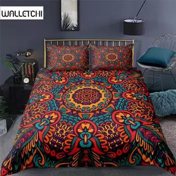 Пододеяльник с этническим богемным рисунком в виде мандалы King Queen Европейские цветы Винтажный комплект постельного белья Геометрический ретро-стиль Полиэстеровый пододеяльник EU single(135x200cm)