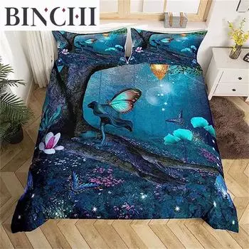 Пододеяльник с бабочками, фантазийный сон, зачарованный лес, комплект постельного белья, цветочный плед, покрывало для женщин и девочек, подарки, цветок, гриб EU single(135x200cm)