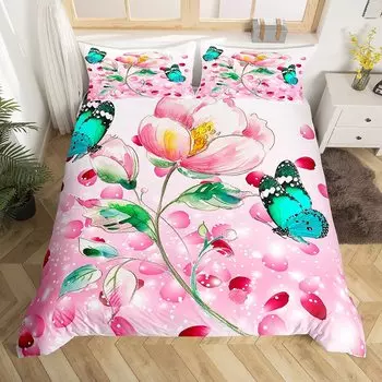 Пододеяльник с бабочками и цветами, комплект постельного белья с изображением животных и девочек, романтический комплект постельного белья с изображением садовых цветов из микрофибры EU single(135x200cm)