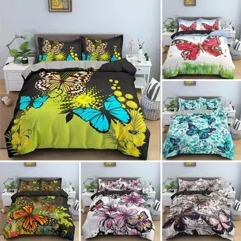 Пододеяльник с бабочками King Queen Size Комплект постельного белья с животными и цветами для подростков и взрослых Красивый цветочный полиэстеровый пододеяльник EU Single 135x200cm