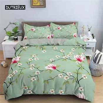 Пододеяльник с ботаническим цветочным принтом King Leaves Flowers Комплект постельного белья из микрофибры Spring Blossom Пододеяльник для односпальной кровати для подростков и взрослых US Queen(228x228cm)