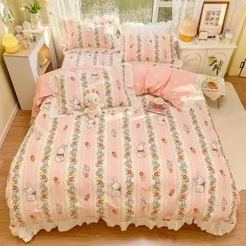 Пододеяльник с ботаническим цветочным рисунком и рисунком кролика из мультфильма, комплект постельного белья Kawaii Pink из 3 предметов для девочки-подростка, 100% хлопок, фермерское одеяло Single 150x200cm