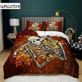 Пододеяльник с черепом, готический цветочный комплект постельного белья, эскиз цветка лотоса, чехол для одеяла в стиле ретро, листья скелета, кости, полиэстеровый чехол для одеяла EU single(135x200cm)