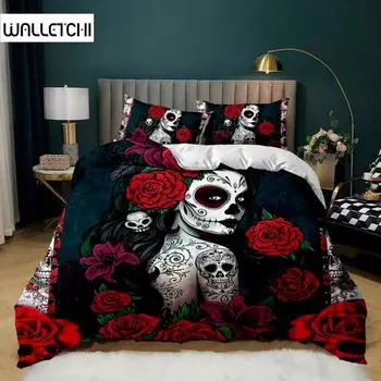 Пододеяльник с черепом, красная роза, скелет, королева, цветочный скелет, традиционный мексиканский Хэллоуин, двойной королевский королевский полиэстеровый стеганый чехол EU single(135x200cm)