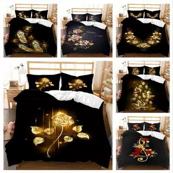 Пододеяльник с черной розой, наволочка, комплект черного постельного белья из 2 или 3 предметов, односпальная кровать, двуспальная кровать, полноразмерное домашнее постельное белье с молнией DE 100x135cm