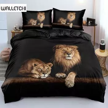 Пододеяльник с черным львом, простыня, подушка, комплект постельного белья из трех предметов EU single(135x200cm)