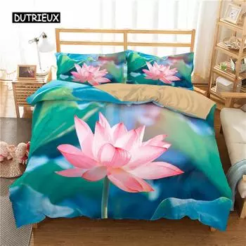 Пододеяльник с цветочным принтом лотоса King Microfiber Water Hibiscus Комплект постельного белья Flower Leaves Пододеяльник Nature Art Theme Покрывало 150x200cm 3pcs