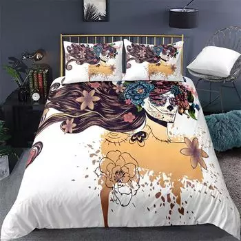 Пододеяльник с цветочным рисунком для девочек и черепов, готический череп, скелет, кости, тема для детей, взрослых и женщин, для украшения спальни, размер Queen King Size 70x133cm 2pcs