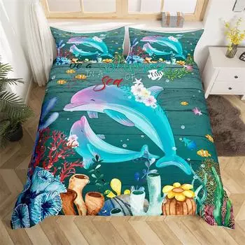 Пододеяльник с дельфином, комплект постельного белья с изображением морских животных, подводный мир, рыбы, морская жизнь, пододеяльник, комплект постельного белья с изображением коралловых рифов и водорослей 70x133cm 2pcs