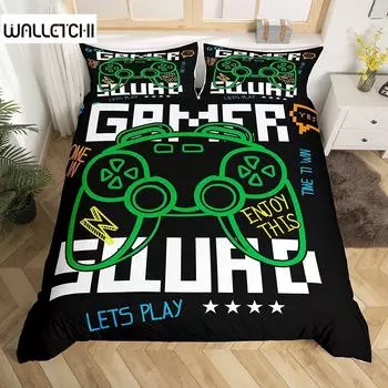 Пододеяльник с геймпадом, комплект постельного белья Queen Video Game Twin, микрофибра, зеленый, с рисунком мультяшного геймера, с электронной тематикой, пододеяльник EU single(135x200cm)