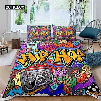 Пододеяльник с граффити, комплект постельного белья для мальчиков-подростков, красочный пододеяльник с граффити, рок-музыка, спортивный пододеяльник для детей, хип-хоп-арт, пододеяльник 150x200cm 3pcs