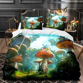 Пододеяльник с грибом, сказочным лесом, волшебным лилипутом, мультяшным грибом, растением, комплект постельного белья, Фэнтезийный сад, полиэстер, пододеяльник EU Single 135x200cm