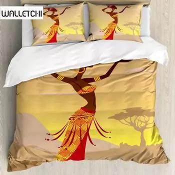 Пододеяльник с изображением африканской креативной женщины в пустыне и летающих вокруг чайок, женский принт, двойной королевский размер, полиэстеровый стеганый чехол EU single(135x200cm)