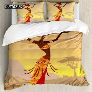 Пододеяльник с изображением африканской креативной женщины в пустыне и летающих вокруг чайок, женский принт, двойной королевский размер, полиэстеровый стеганый чехол US Queen(228x228cm)
