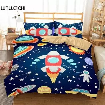 Пододеяльник с изображением астронавта из мультфильма King для мальчиков и девочек, комплект постельного белья Galaxy Space из микрофибры, чехол для одеяла с изображением ракеты и космического корабля EU single(135x200cm)