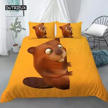 Пододеяльник с изображением бобра King Queen, забавный комплект постельного белья с милыми животными для детей и девочек, полиэстеровый чехол для одеяла и наволочки EU single(135x200cm)
