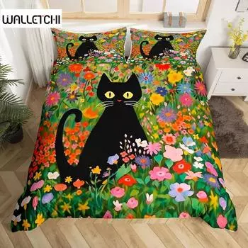 Пододеяльник с изображением черного кота из мультфильма, комплект постельного белья с акварельными цветами, домашние животные, ботанический плед, романтический деревенский пододеяльник EU Single 135x200cm
