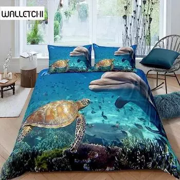 Пододеяльник с изображением дельфина из микрофибры «Морская черепаха», подводный мир, серый, дельфин, синий, для украшения, для детей, мальчиков, девочек, взрослых EU single(135x200cm)