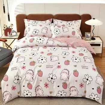 Пододеяльник с изображением динозавра из мультфильма «Kawaii», комплект постельного белья с цветочным принтом и розовым клубничным принтом, с 2 наволочками Single 150x200cm