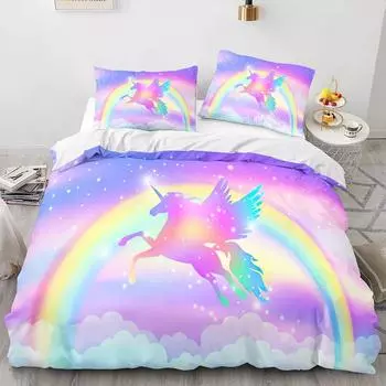 Пододеяльник с изображением единорога, мультяшная галактика, радуга, красочный единорог, милая романтическая тема для детей и девочек, полиэстеровый чехол для одеяла EU Single 135x200cm