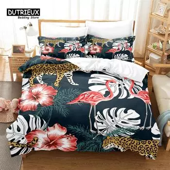 Пододеяльник с изображением фламинго и тропических пальмовых листьев, комплект постельного белья с 3D-цветами из полиэстера, двуспальная кровать размера «king-size» для девочек и мальчиков, декор комнаты EU single(135x200cm)