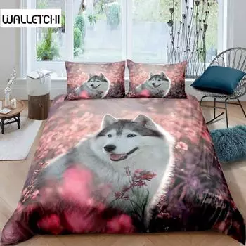 Пододеяльник с изображением хаски, щенка, питомца, цветка, джунглей, природного пейзажа, милого животного, комплект постельного белья из полиэстера, двуспальный королевский пододеяльник EU single(135x200cm)