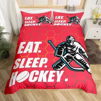 Пододеяльник с изображением хоккея на льду, пододеяльник с изображением хоккейного спорта, спортивного мероприятия, покрывало для мальчиков и девочек, еды, сна, хоккея, зимних видов спорта, хобби, комплект постельного белья EU single(135x200cm)