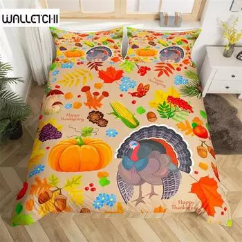 Пододеяльник с изображением индейки и кленовых листьев King Thanksgiving Pumpkin Комплект постельного белья из микрофибры Farmhouse Autumn Harvest Theme Покрывало для одеяла EU single(135x200cm)