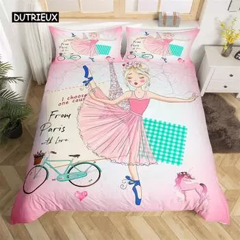 Пододеяльник с изображением Эйфелевой башни, романтический парижский тематический декор, комплект постельного белья для мальчика-подростка из микрофибры, балетное одеяло для девочки-единорога EU single(135x200cm)