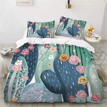 Пододеяльник с изображением кактуса, размер King/Queen, зеленый, тропический, пустынный, суккуленты, комплект постельного белья, колючие растения, мягкий, 2/3 предмета, полиэстер, пододеяльник 70x133cm 2pcs