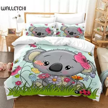 Пододеяльник с изображением коалы из микрофибры, милый комплект постельного белья с изображением животных, листья и цветы, покрывало для мальчиков и девочек, декор детской комнаты EU single(135x200cm)