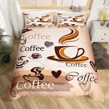Пододеяльник с изображением кофейного напитка Queen King Cartoon Coffee Drink Cup Print Комплект постельного белья Coffee Lover Cover Modern Brown Quilt Cover EU Single(135x200cm)