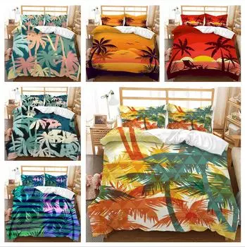 Пододеяльник с изображением кокосовой пальмы, наволочка, комплект постельного белья с 2 или 3 предметами с растительным принтом, односпальная кровать, двуспальная кровать, полноразмерное домашнее постельное белье на молнии DE 100x135cm