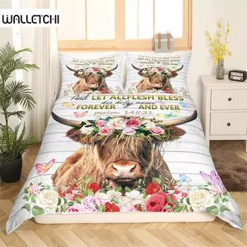 Пододеяльник с изображением коровы в стиле хайленд-коула, комплект постельного белья Western Farm Animal Full King для мальчиков и девочек, микрофибра, цветочный постельный комплект с изображением быка и крупного рогатого скота EU single(135x200cm)