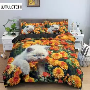 Пододеяльник с изображением кошек и цветов King Queen, 3D, комплект постельного белья с цветочным принтом для подростков и взрослых, с желтыми хризантемами, 2/3 шт., полиэстер, пододеяльник EU single(135x200cm)