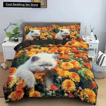 Пододеяльник с изображением кошек и цветов King Queen, 3D, комплект постельного белья с цветочным принтом для подростков и взрослых, с желтыми хризантемами, 2/3 шт., полиэстер, пододеяльник EU single(135x200cm)