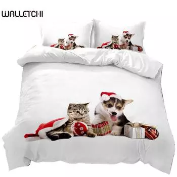 Пододеяльник с изображением кошек и собак, рождественский комплект постельного белья с изображением животных для детей и подростков, двуспальный, размера «king-size», полиэстеровый чехол-одеяло EU single(135x200cm)
