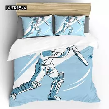 Пододеяльник с изображением крикета Комплект постельного белья с абстрактным спортивным узором Микрофибра Игрок, играющий в крикет Двойной пододеяльник Queen EU single(135x200cm)