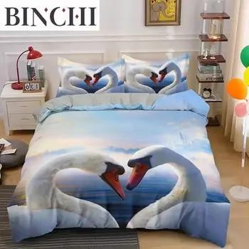 Пододеяльник с изображением лебедя King Queen Красивый элегантный белый комплект постельного белья с изображением животных для детей и подростков для взрослых Мягкий полиэстеровый пододеяльник с изображением дикой природы и озера 70x133cm 2pcs