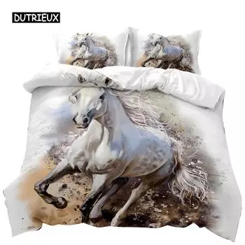 Пододеяльник с изображением лошади и 3D-принтом коня, комплект постельного белья с изображением дикой природы, полиэстеровое одеяло с изображением животных, двуспальное одеяло размера «king-size» US Queen(228x228cm)